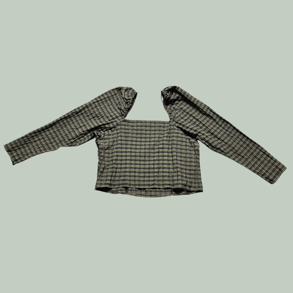 Cottagecore Gingham Dark Academia Puff Sleeve Peasant Blouse Women XL Green H&M